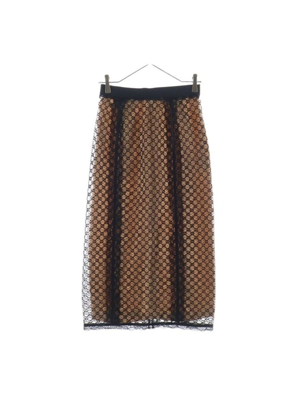 Gucci 22 AW GG Net Lace Trim Long Skirt Togo Cotton Black Beige